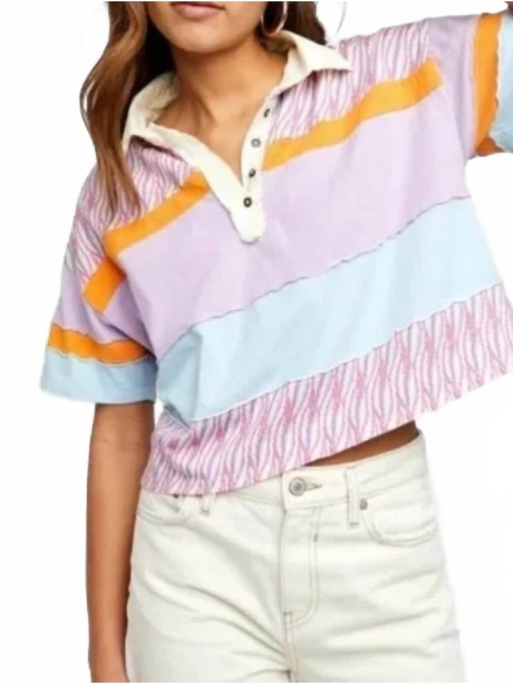 Free People We The Free Mixed Print Bella Collar Henley Tee Size Small